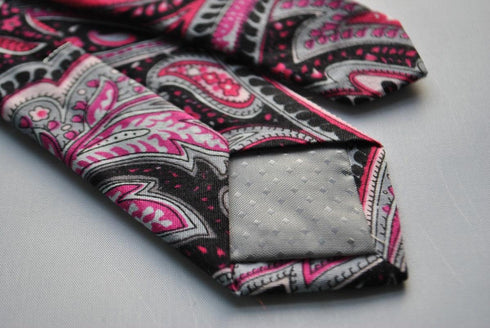 black and pink paisley skinny linen tie